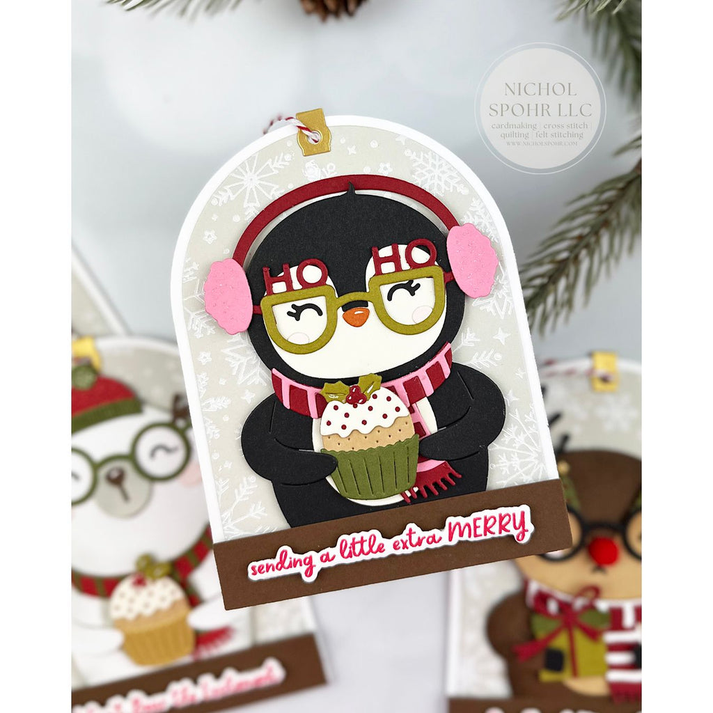 Spellbinders Spectacular Penguin Etched Dies s3-565 pink earmuffs and scarf cupcake card