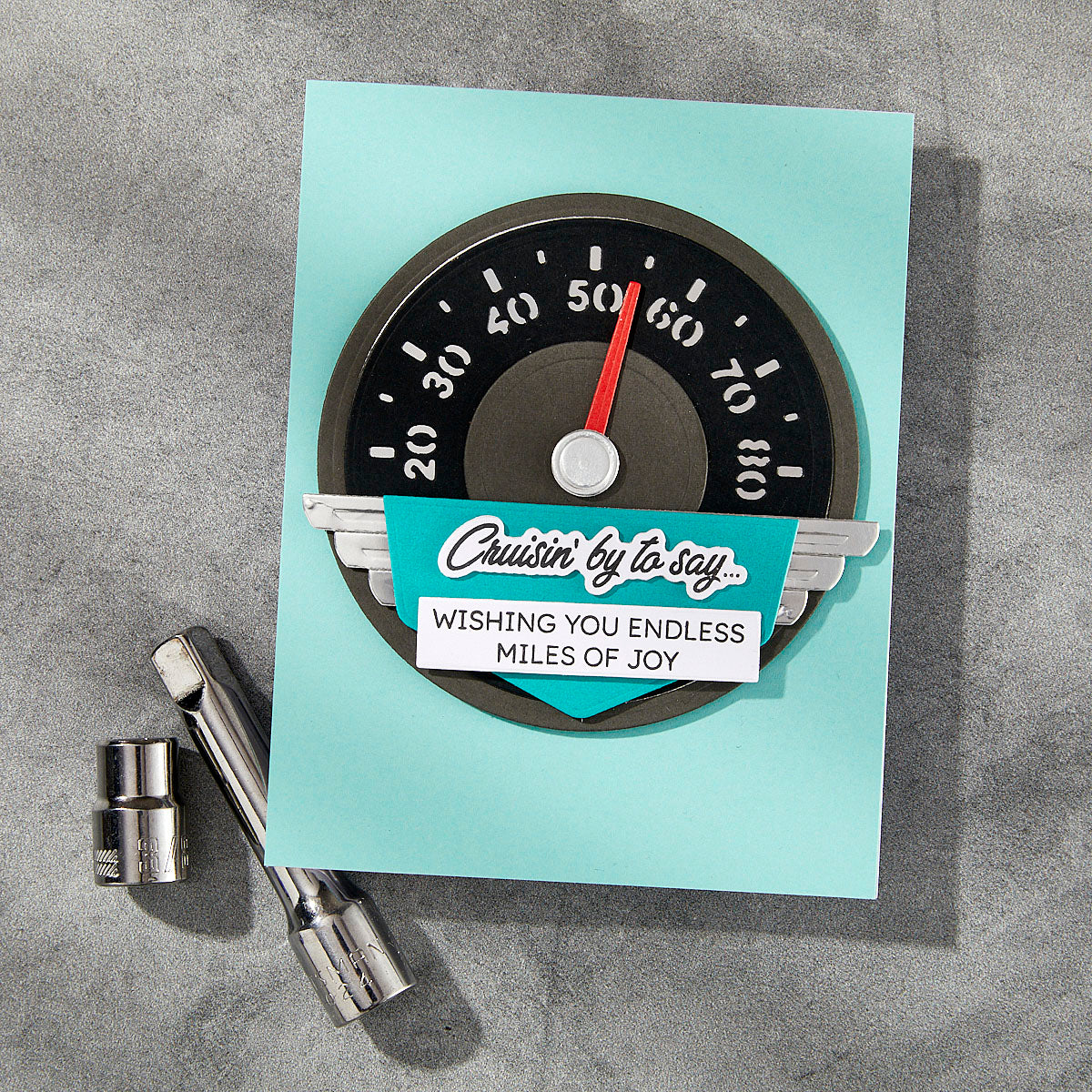 Spellbinders Speedometer and Cruisin By Sentiments Stamp and Die Bundle miles of joy