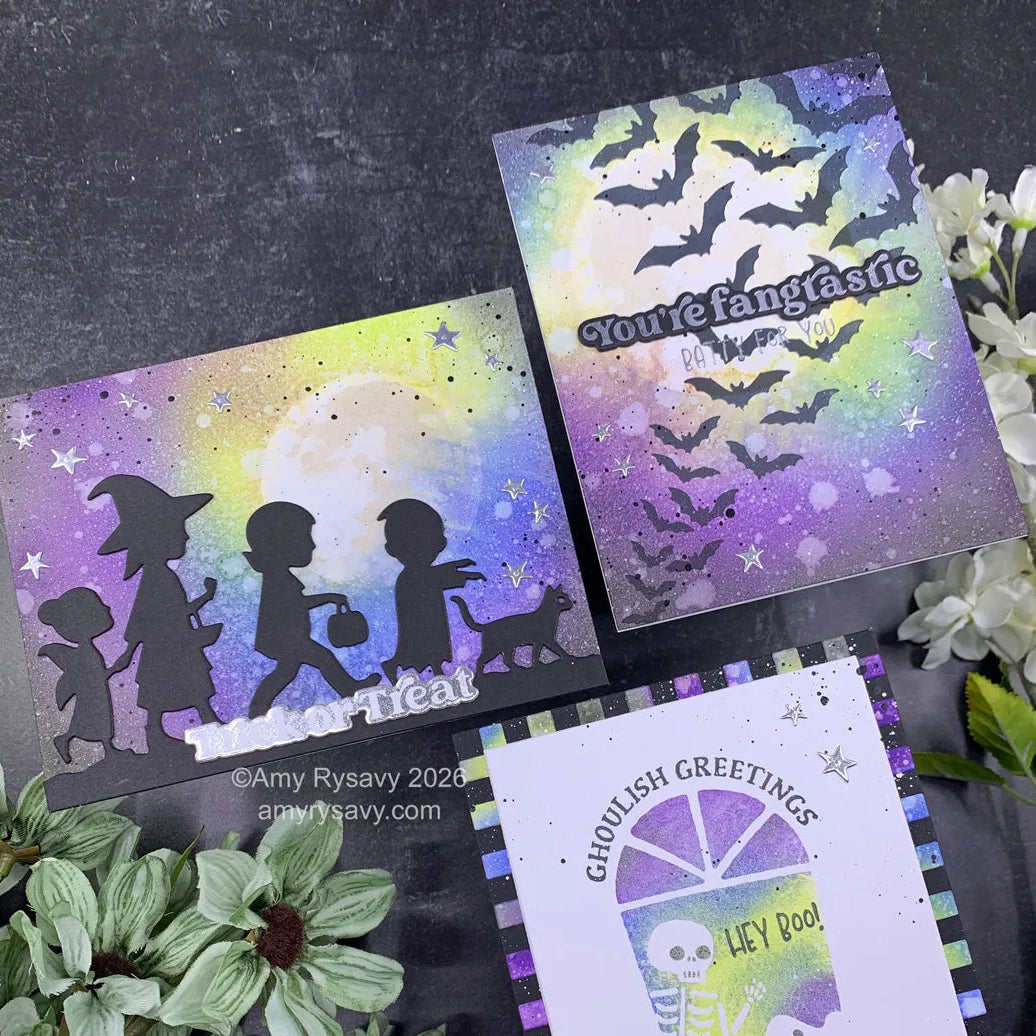 Spellbinders Spooky Sentiments Press and Foil Plate and Die Set bp-387 bats kids in costumes silver stars halloween cards amy rysavy | color-code:ALT01