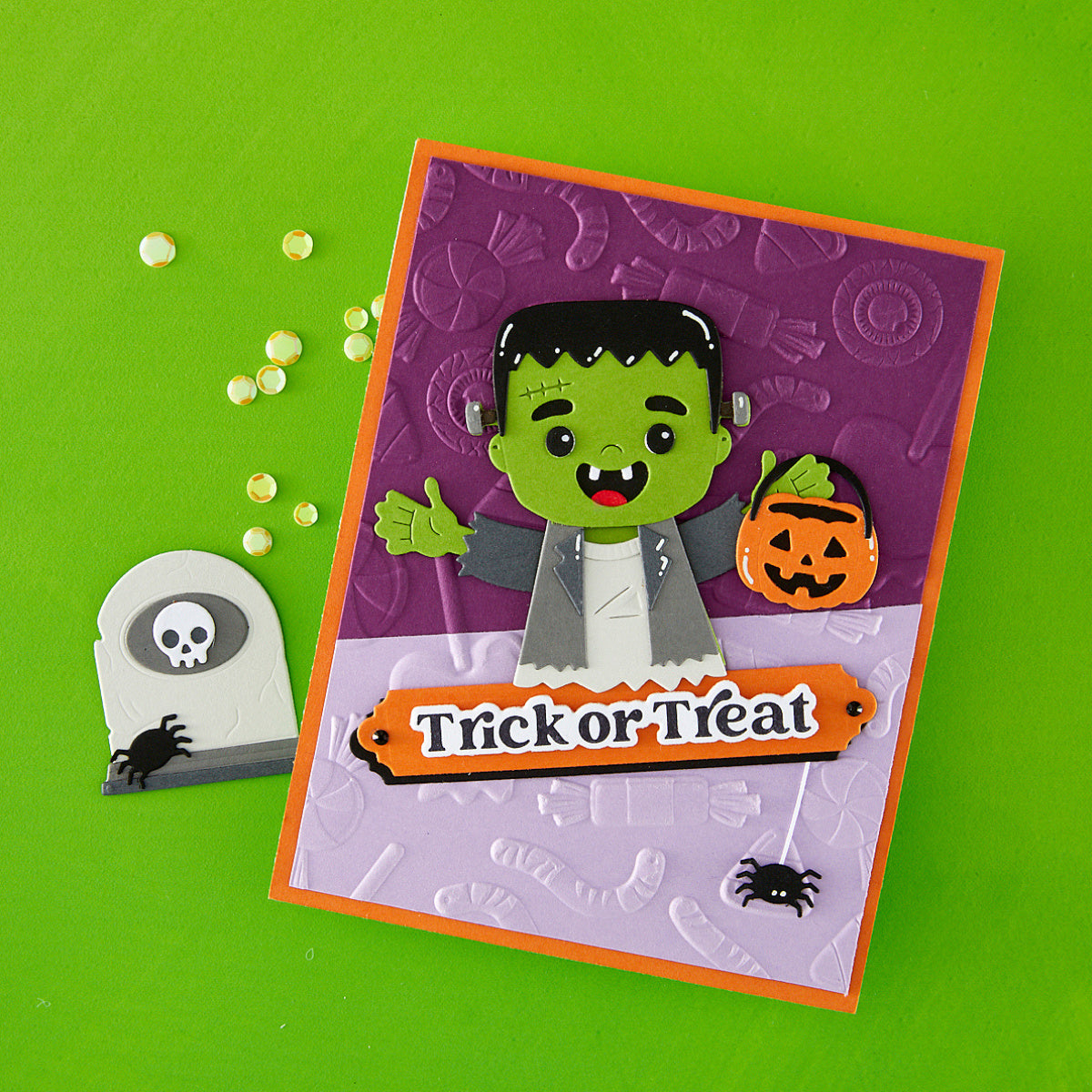 Spellbinders Spooky Sentiments Press and Foil Plate and Die Set bp-387 trick or treat frankenstein halloween card
