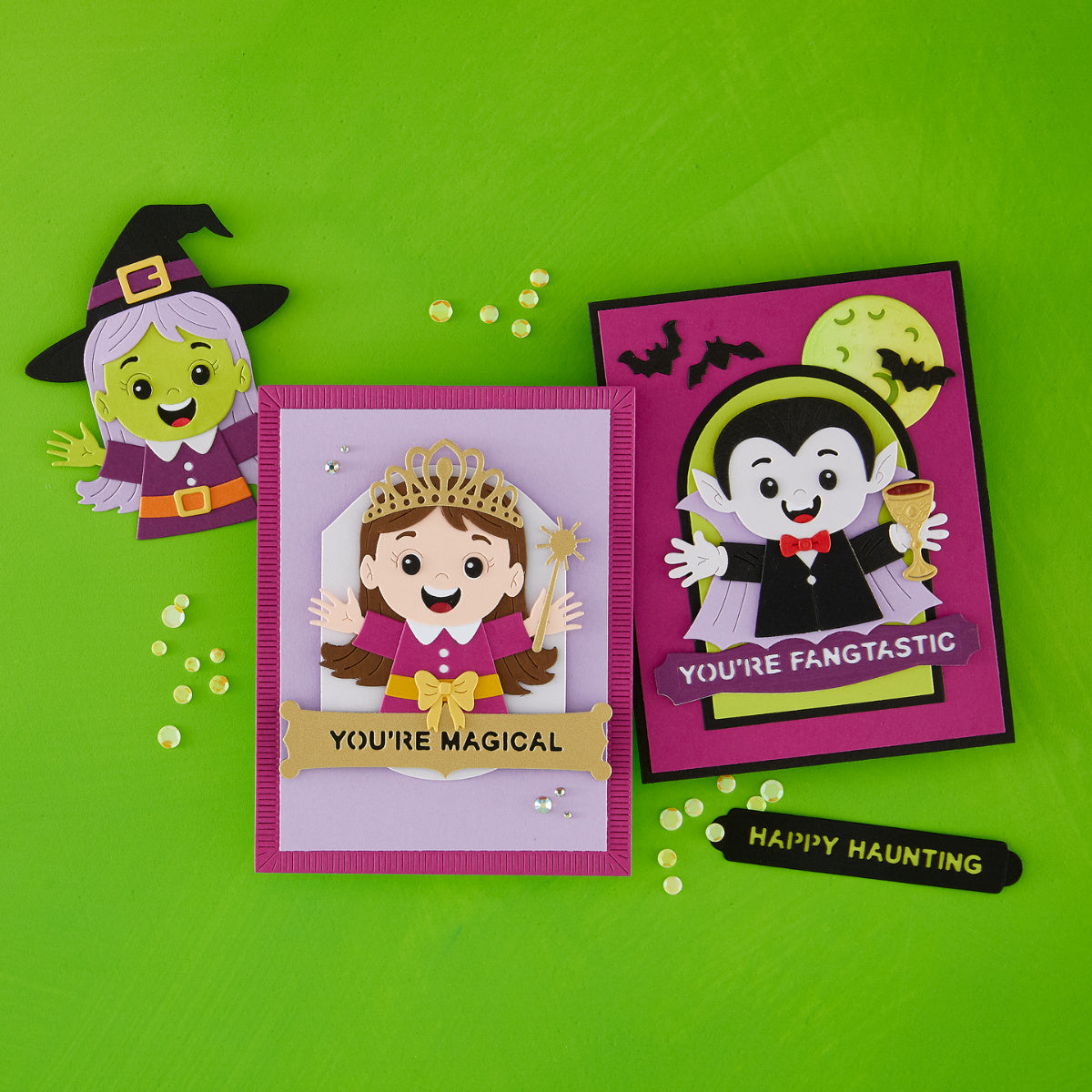Spellbinders Spooky Sentiments Press and Foil Plate and Die Set bp-387 witch princess vampire halloween cards