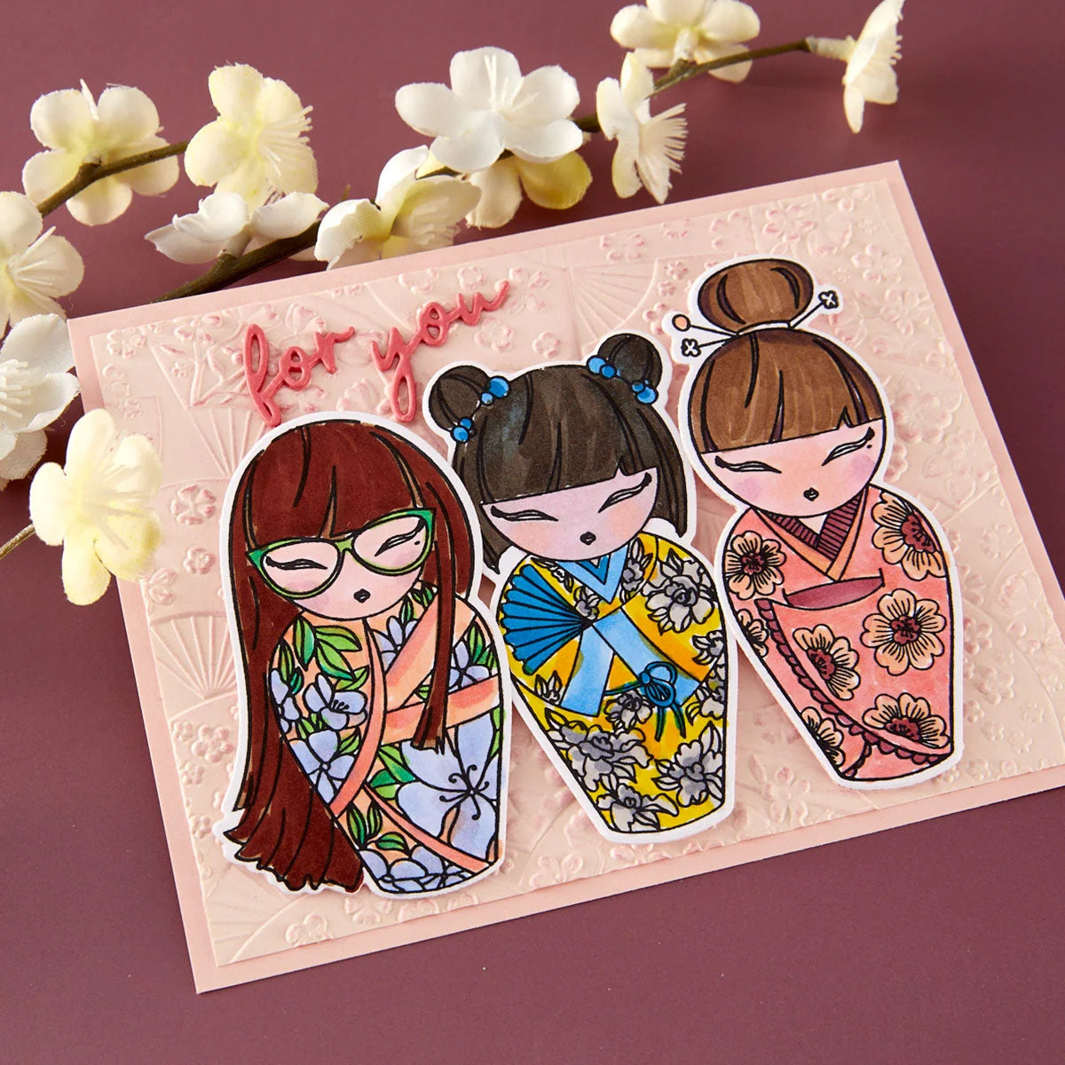 Spellbinders Spring in Kyoto Clear Stamp Set stp-293 flowered dresses green glasses for you card