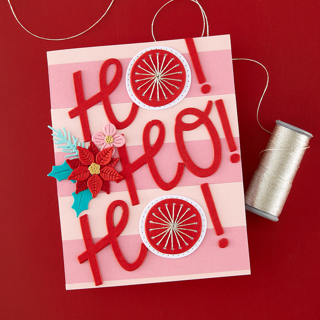Spellbinders Stitched Baubles and Boughs Etched Dies s3-584 pink stripes red poinsettia flower ho ho ho card