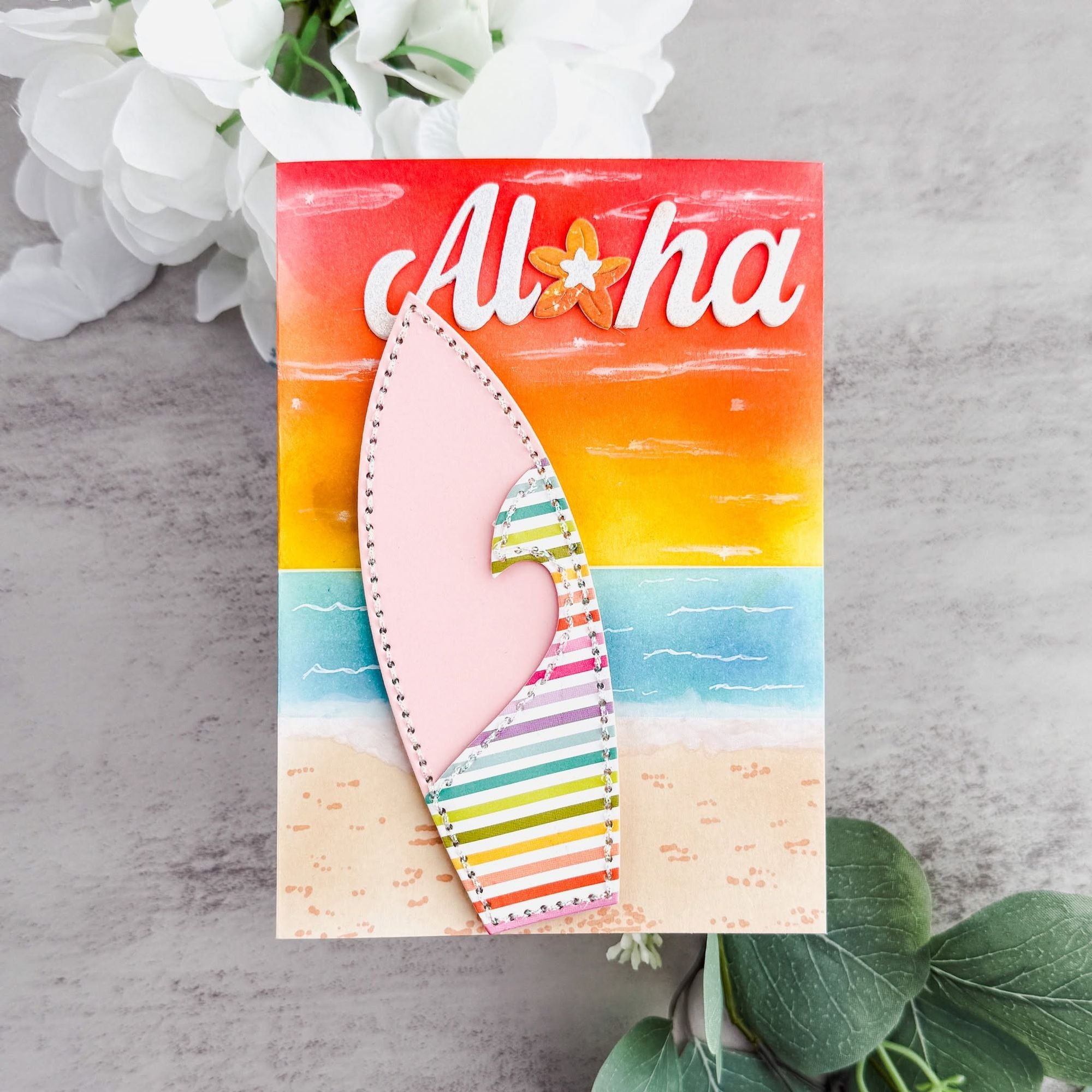 Spellbinders Surfboard Etched Dies s5-756 surf board beach background aloha card
