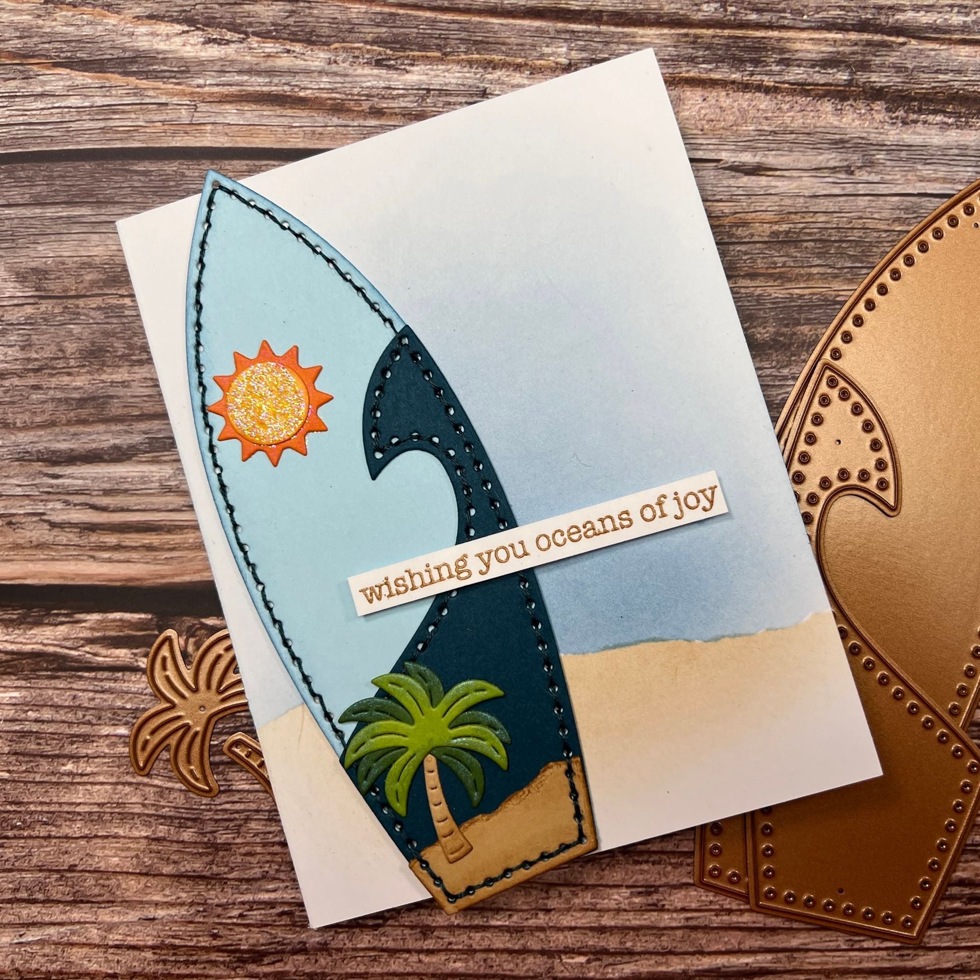 Spellbinders Surfboard Etched Dies s5-756 surfboard palm tree waves sun joy card