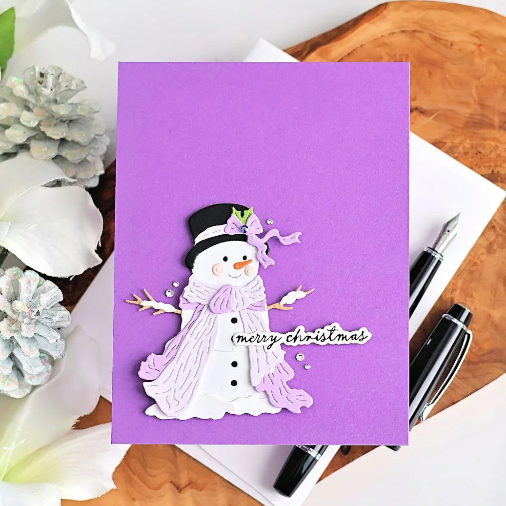 Spellbinders Sweet Snowman Etched Dies s4-1563 purple scarf purple background merry christmas card