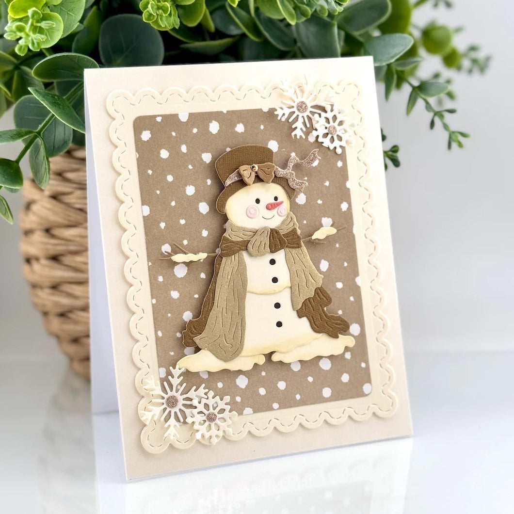 Spellbinders Sweet Snowman Etched Dies s4-1563 snowflakes brown hat and scarf card nancy leppek