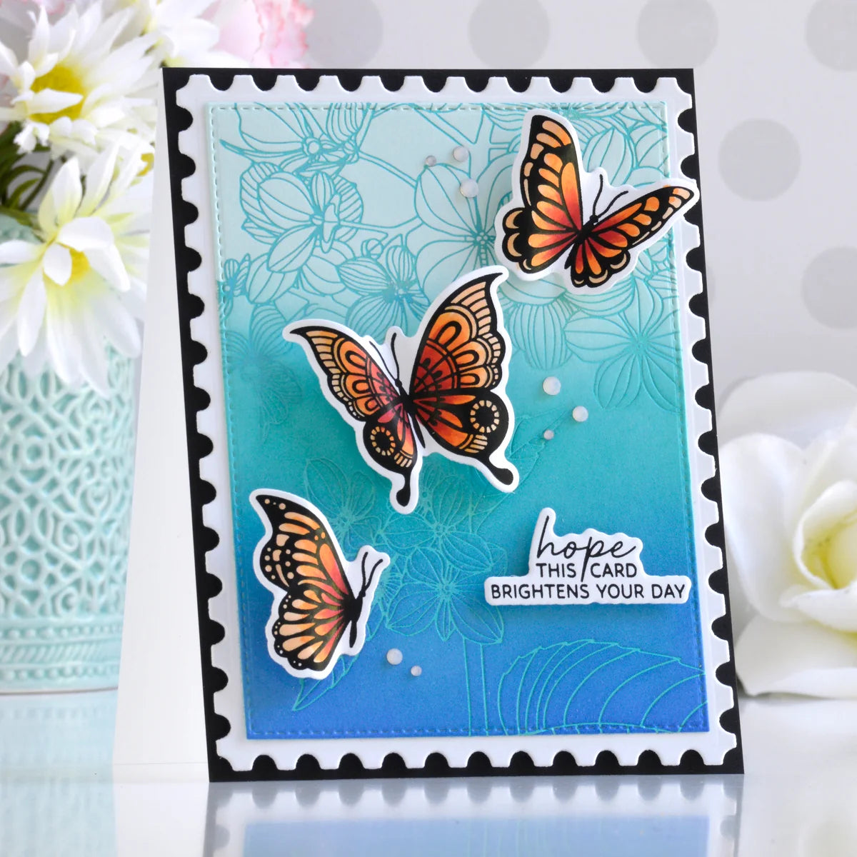 Spellbinders Thanks in Bloom Press and Foil Plates bp-351 blue flowers outline orange butterflies jewels card