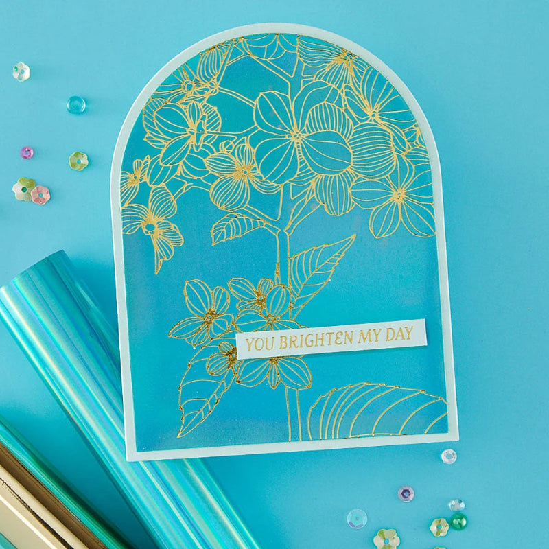 Spellbinders Thanks in Bloom Press and Foil Plates bp-351 gold flower outline blue arch you brighten my day card