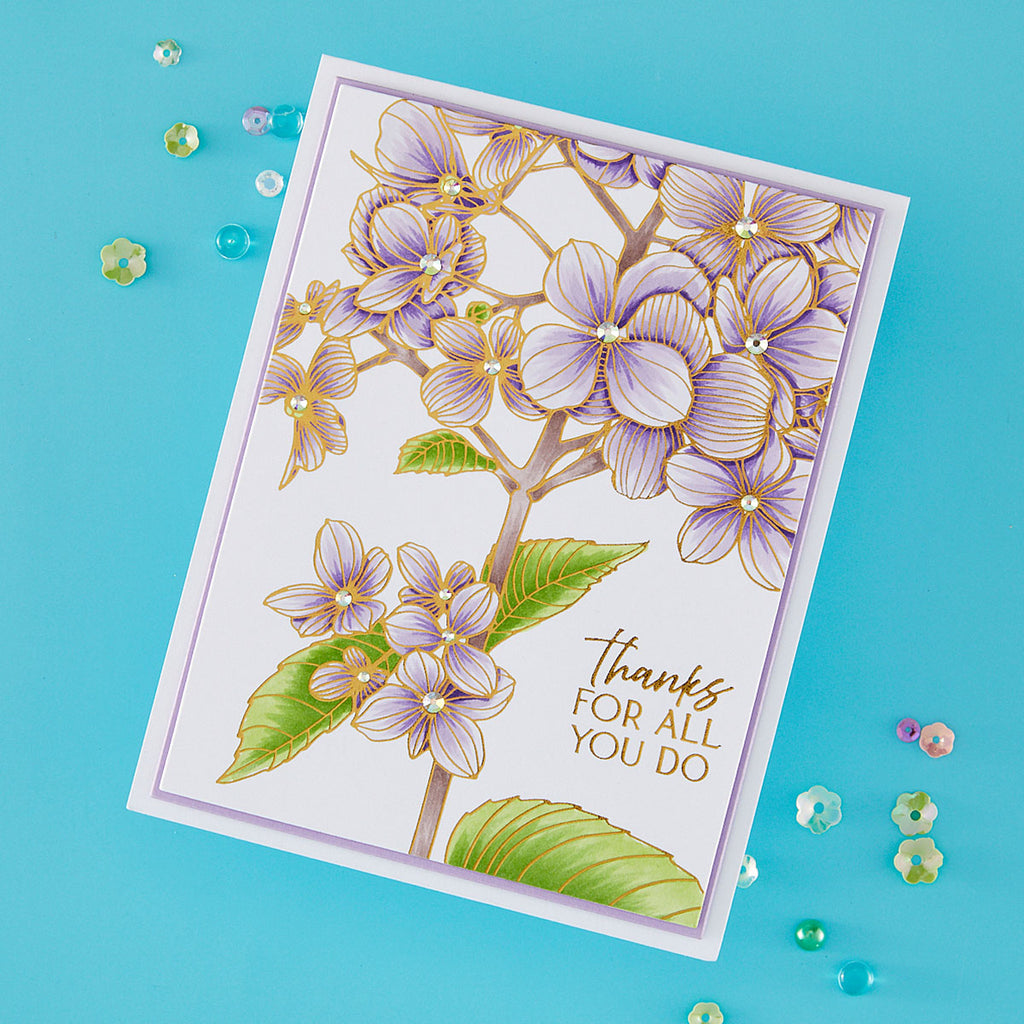 Spellbinders Thanks in Bloom Press and Foil Plates bp-351 purple flowers leaves thanks for all you do card