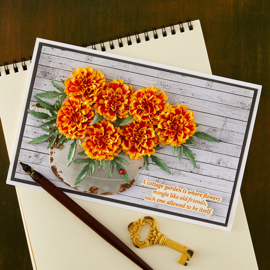 Spellbinders The Cottage Garden Sentiments Press and Foil Plate and Die Set bp-388 marigolds flowers mingle like old friends card