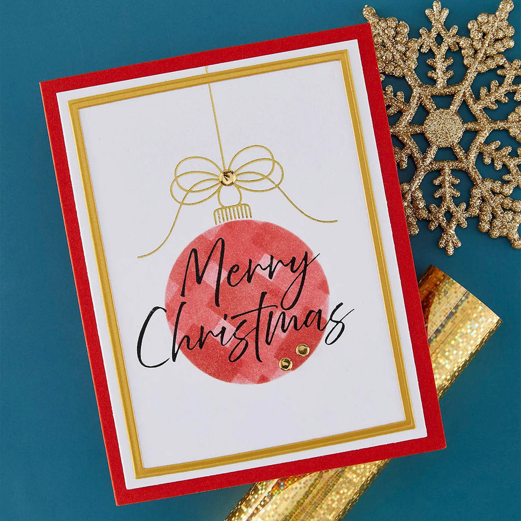 Spellbinders Tied with Cheer Registration Press and Foil Plates bpr-051 merry christmas red hanging ornament bow card