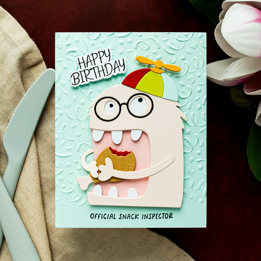 Spellbinders Top It Off Etched Dies s5-779 monster with glasses spinny hat chicken wing happy birthday card yana smakula | color-code:ALT01