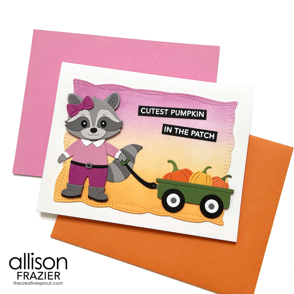 Spellbinders Trailside Trio Etched Dies s4-1503 raccoon with pink bow green wagon pumpkins card allison frazier