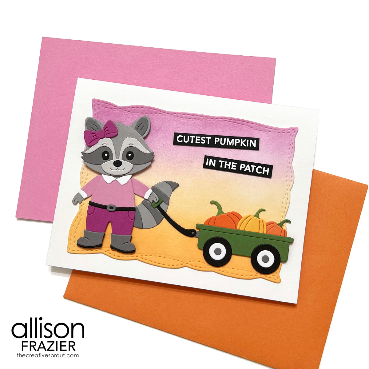 Spellbinders Trailside Trio Etched Dies s4-1503 raccoon with pink bow green wagon pumpkins card allison frazier