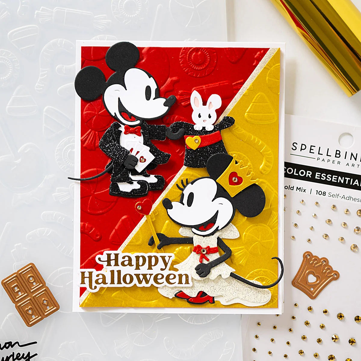 Spellbinders Trick or Treat 3D Embossing Folder e3d-188 bunny in hat candy background mouse in suit and dress halloween card