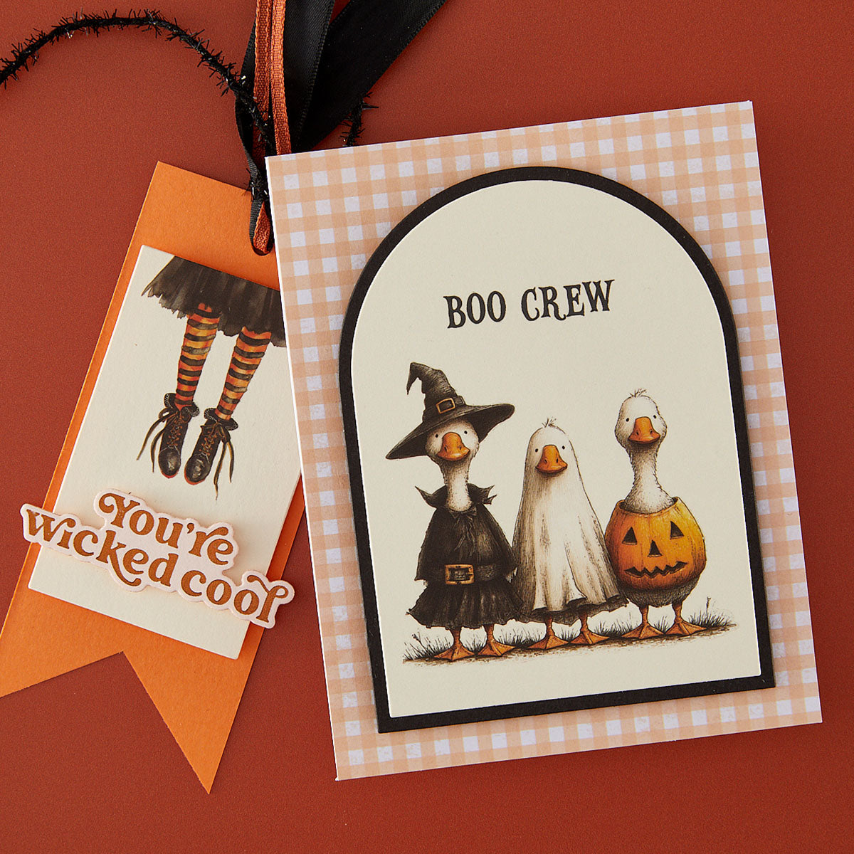 Spellbinders Tricks and Treats Rub-On Sheets scsr-015 ducks with costumes witch legs boo crew card