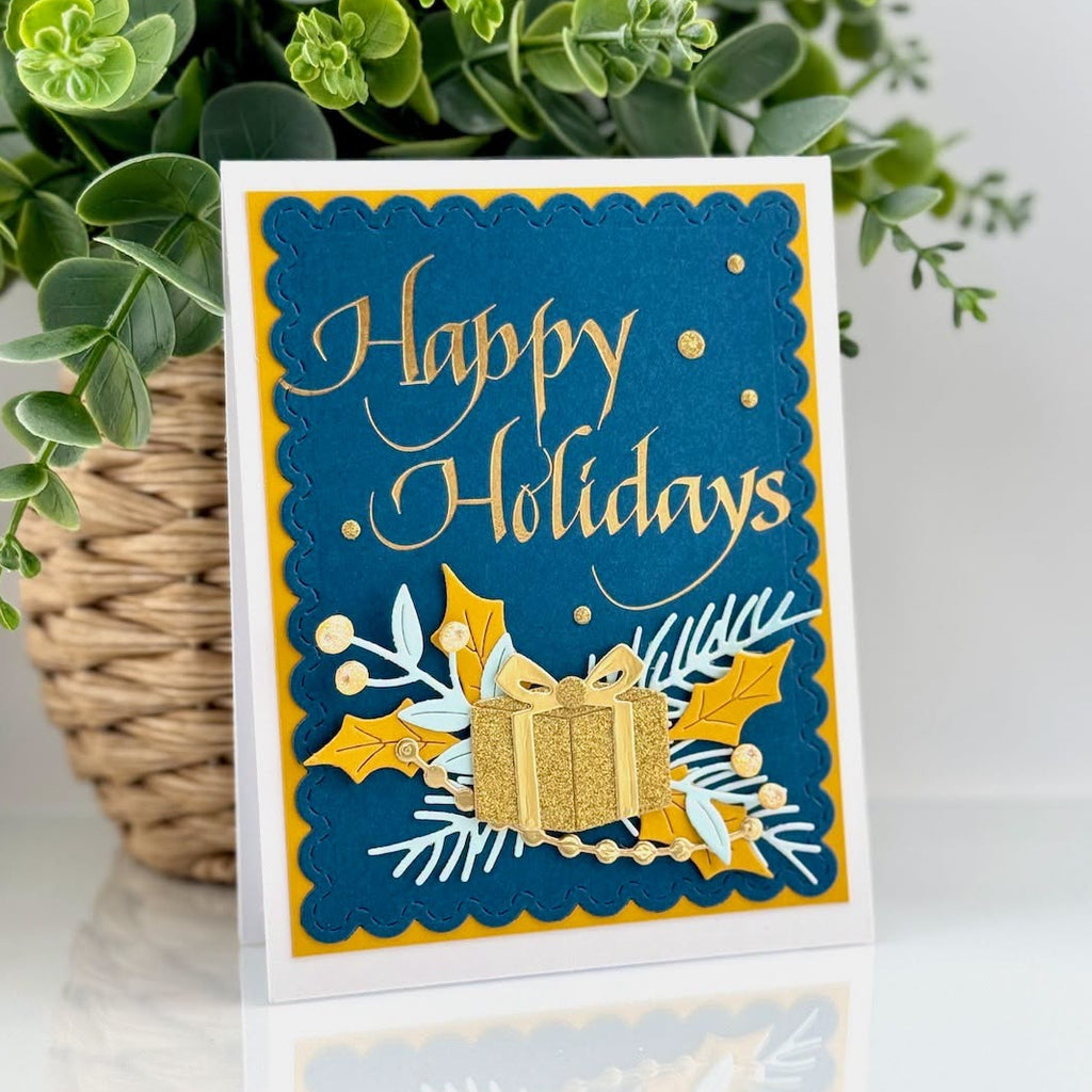 Spellbinders Upright Italic Happy Holidays Press and Foil Plate bp-372 gold sparkle present yellow trim holiday card