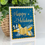 Spellbinders Upright Italic Happy Holidays Press and Foil Plate bp-372 gold sparkle present yellow trim holiday card