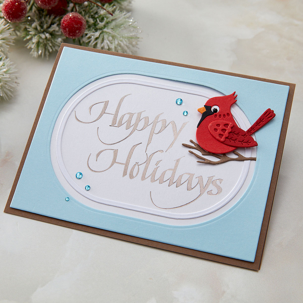 Spellbinders Upright Italic Happy Holidays Press and Foil Plate bp-372 red bird on branch blue pearls