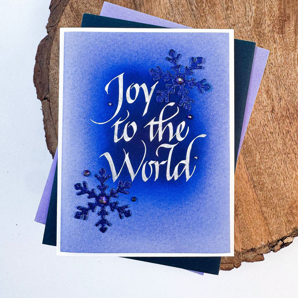 Spellbinders Upright Italic Joy to the World Press and Foil Plate bp-369 blue snowflakes with blue background card