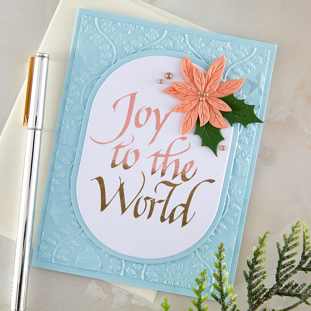 Spellbinders Upright Italic Joy to the World Press and Foil Plate bp-369 pink flower gold pearls joy to the world card