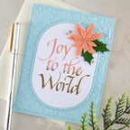 Spellbinders Upright Italic Joy to the World Press and Foil Plate bp-369 pink flower gold pearls joy to the world card
