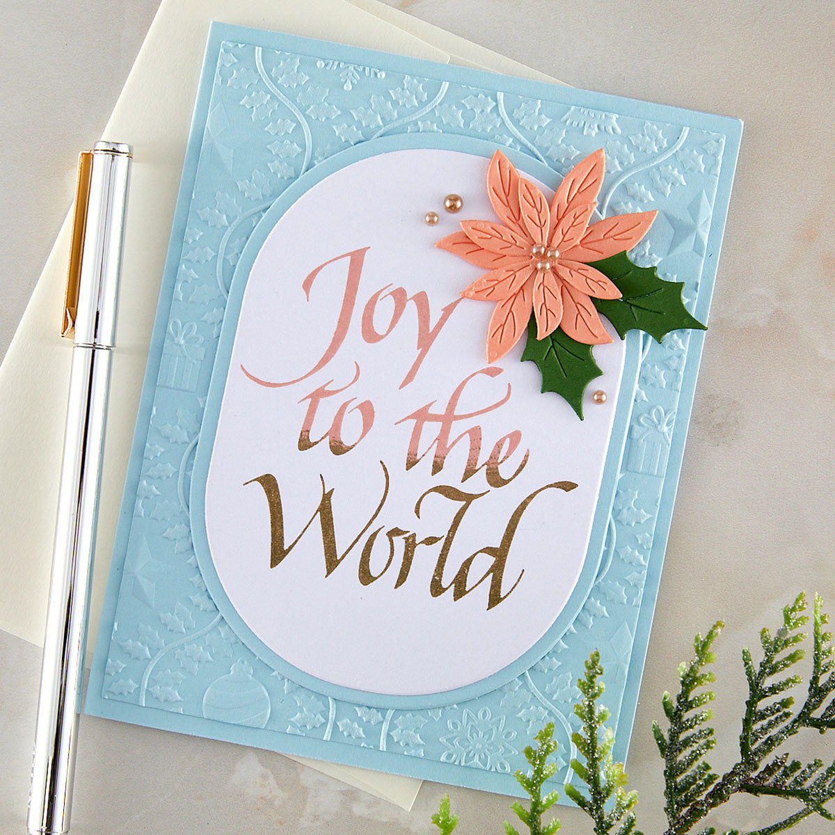 Spellbinders Upright Italic Joy to the World Press and Foil Plate bp-369 pink flower gold pearls joy to the world card