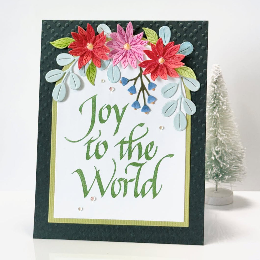 Spellbinders Upright Italic Joy to the World Press and Foil Plate bp-369 red and pink flowers green dot background card