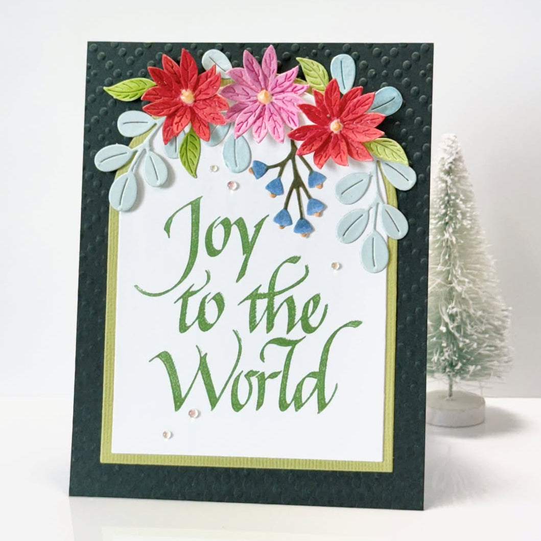Spellbinders Upright Italic Joy to the World Press and Foil Plate bp-369 red and pink flowers green dot background card