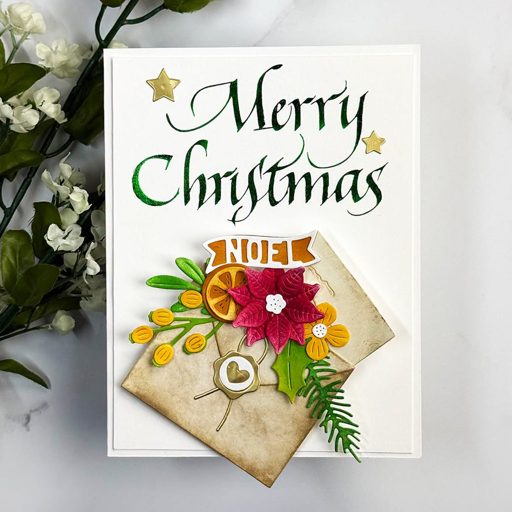 Spellbinders Upright Italic Merry Christmas Press and Foil Plate bp-370 envelope with heart stamp flwoers noel christmas card
