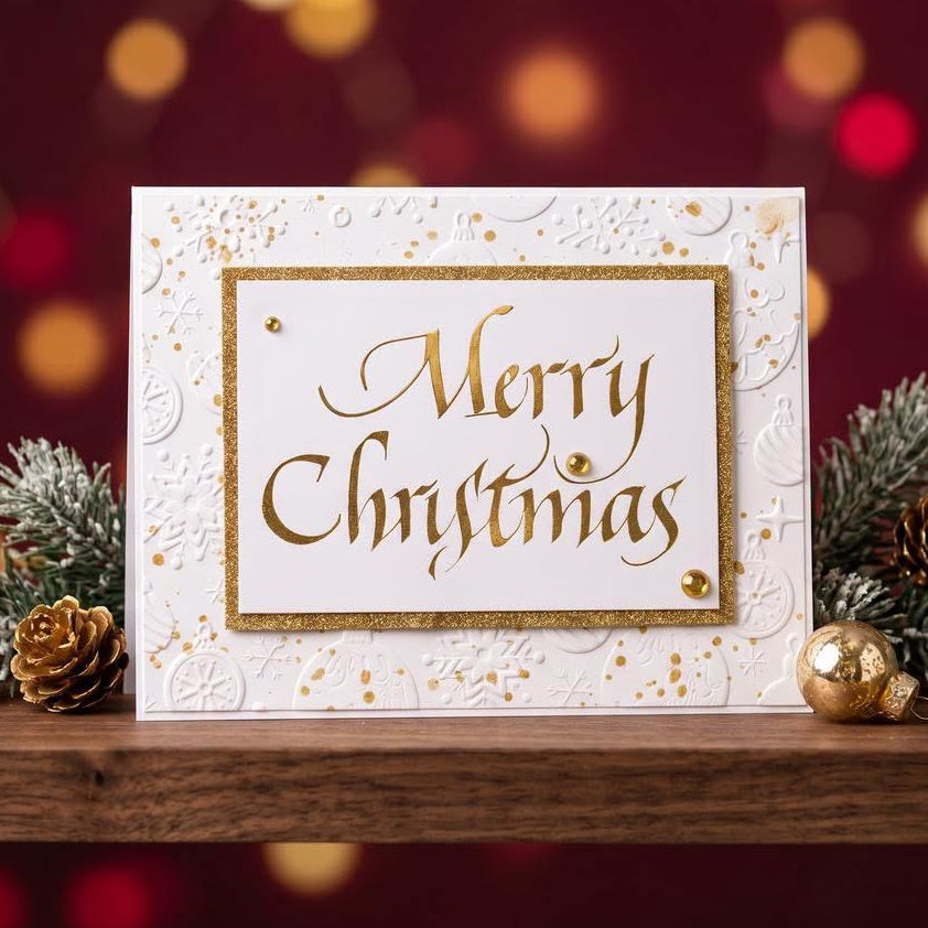Spellbinders Upright Italic Merry Christmas Press and Foil Plate bp-370 snowflake and presents background gold sparkle trim card