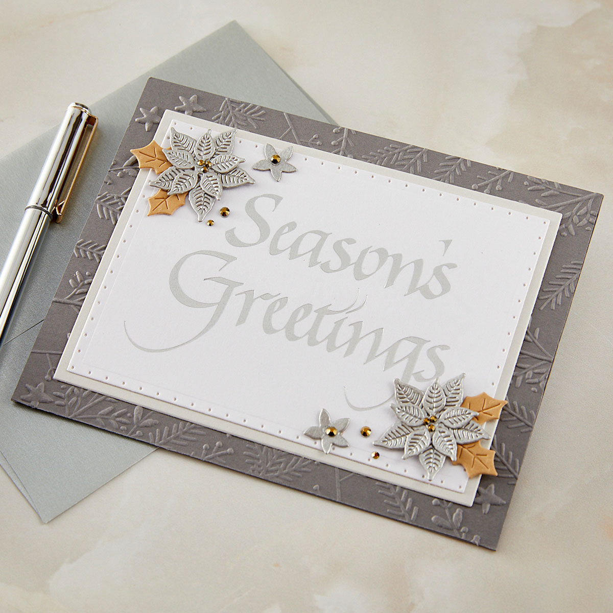 Spellbinders Upright Italic Season's Greetings Press and Foil Plate bp-371 silver flowers gold leaves greetings card
