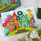 Spellbinders Village Companions Etched Dies s2-456 brown dog clouds in sky flowers colored houses hello card nichol spohr