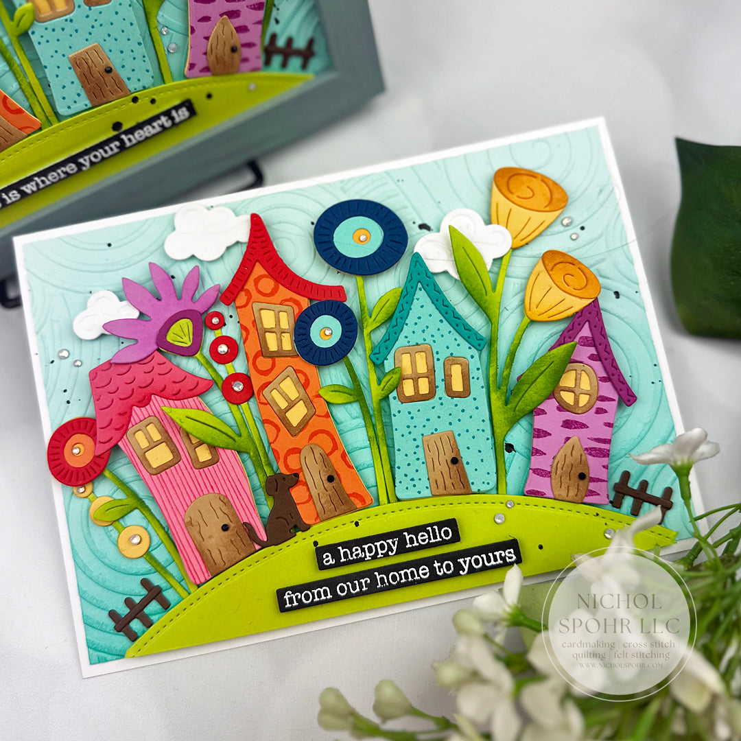 Spellbinders Village Companions Etched Dies s2-456 brown dog clouds in sky flowers colored houses hello card nichol spohr