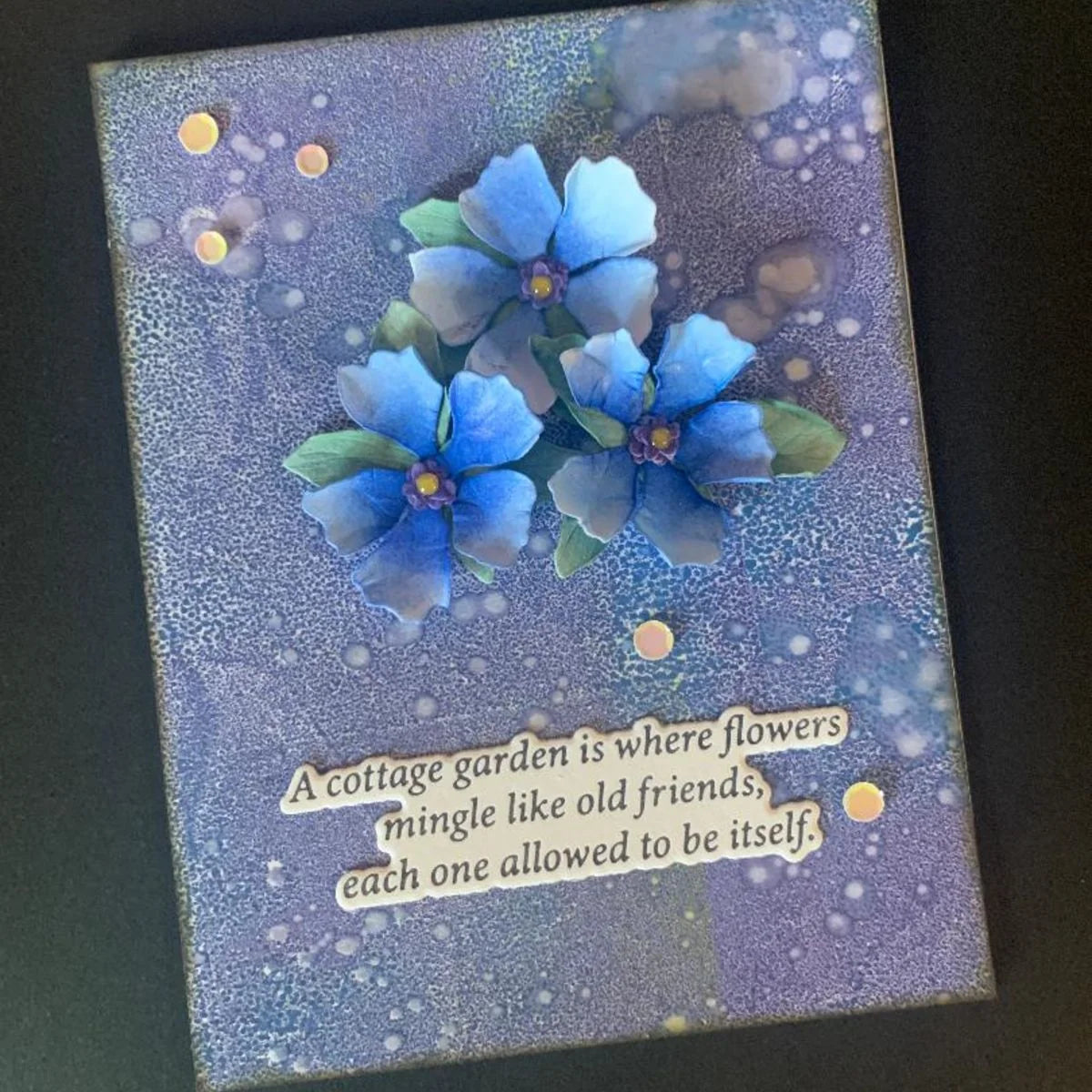 Spellbinders Vinca Etched Dies s2-477 blue flowers splatter background card