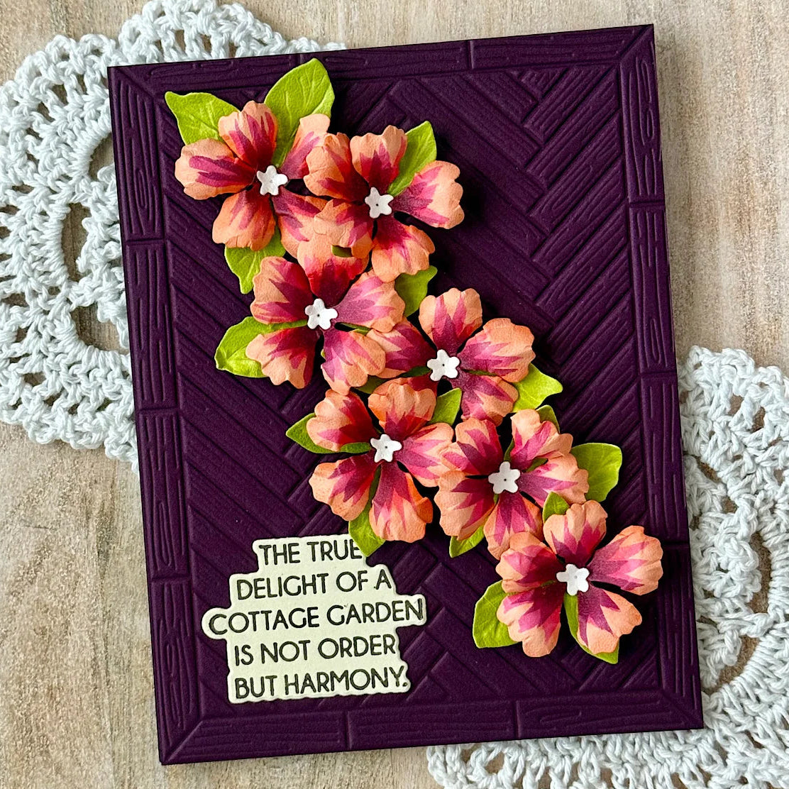 Spellbinders Vinca Etched Dies s2-477 pink ombre flowers wood panel background card