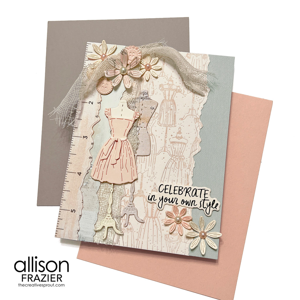 Spellbinders Vintage Atelier Press and Foil Plate bp-365 ruler dress stand flowers celebrate in your own style card allison frazier