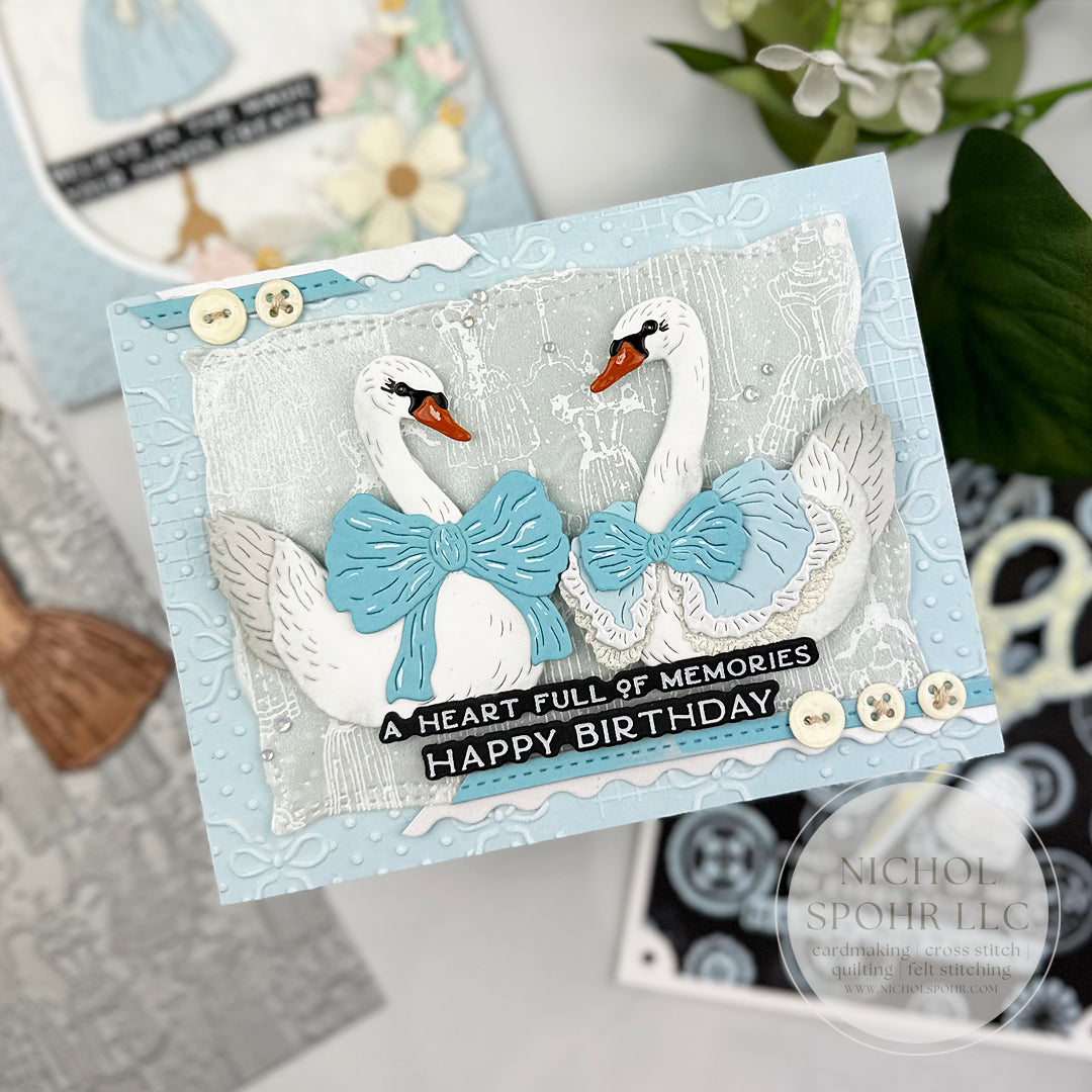 Spellbinders Vintage Atelier Press and Foil Plate bp-365 swans blue bows birthday card nichol spohr | color-code:ALT01