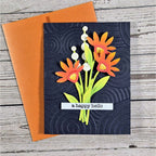 Spellbinders Whimsical Blooms Etched Dies s5-742 orange flowers black swirl background a happy hello card vicky papaioannou | color-code:ALT03
