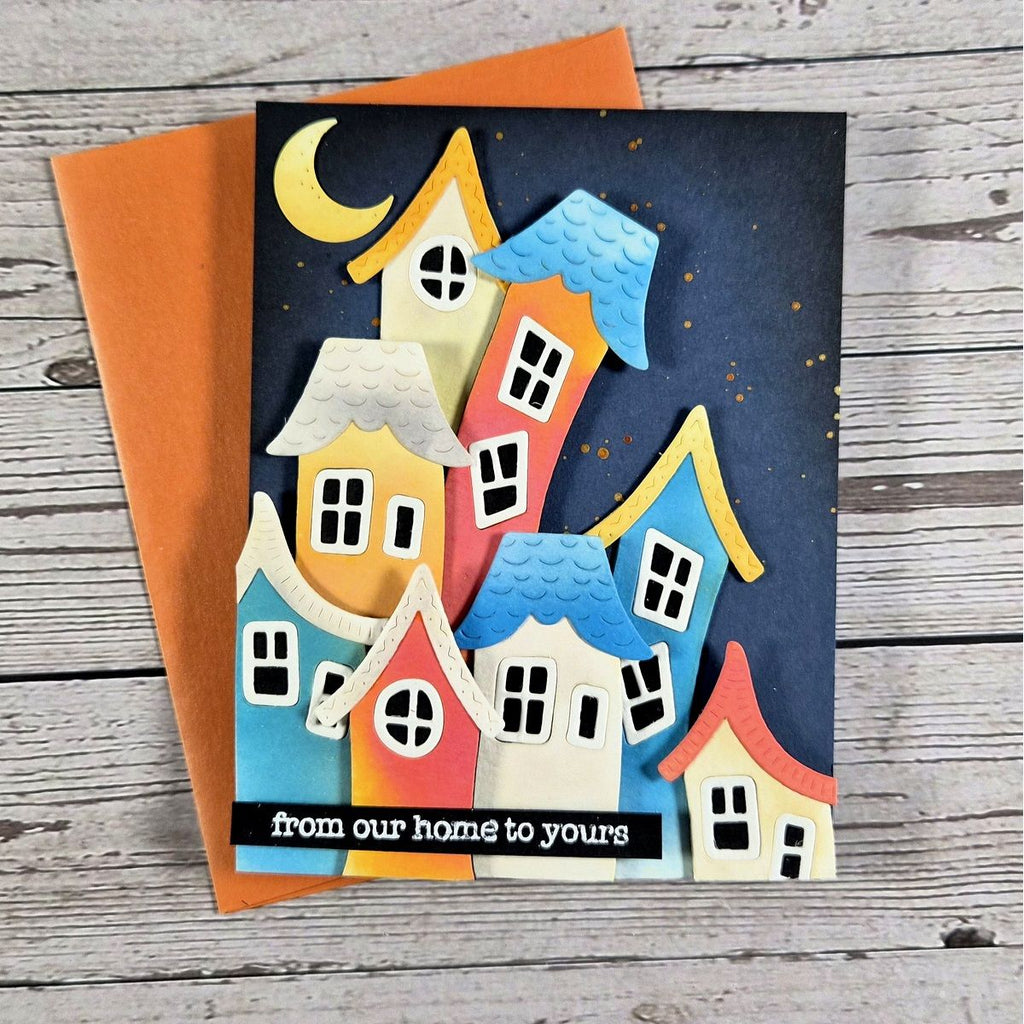 Spellbinders Whimsical Houses Etched Dies s5-746 colored houses half moon from our home to yours card vicky papaiannou | color-code:ALT03