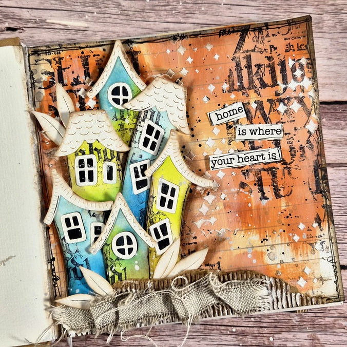 Spellbinders Whimsical Houses Etched Dies s5-746 houses orange background home is where the heart is card vicky papaioannou