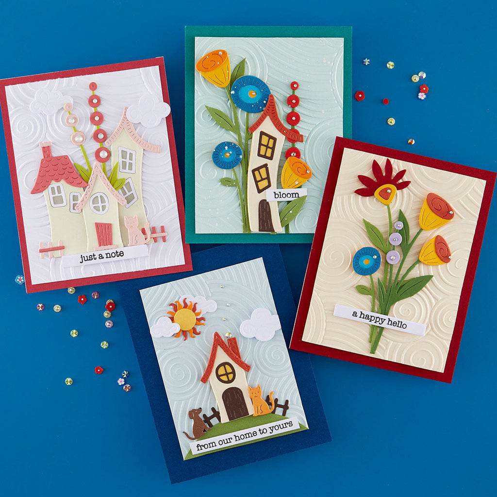 Spellbinders Whimsical Village I Want It All Die, Stamp and Folder Bundle houses and flowers