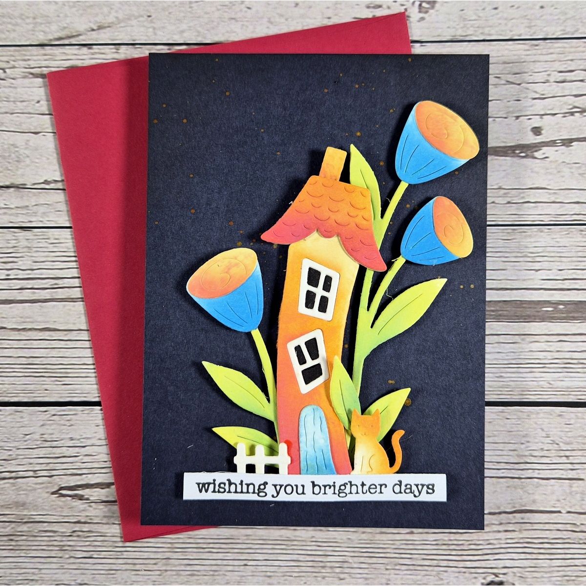 Spellbinders Whimsical Village I Want It All Die, Stamp and Folder Bundle
orange house blue flowers cat fence wishing you brighter days card vicky papaioannou | color-code:ALT02
