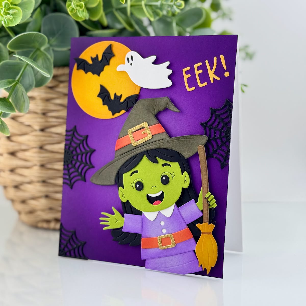 Spellbinders Wickedly Sweet Etched Dies s6-273 witch with black hat ghost bats broom halloween card