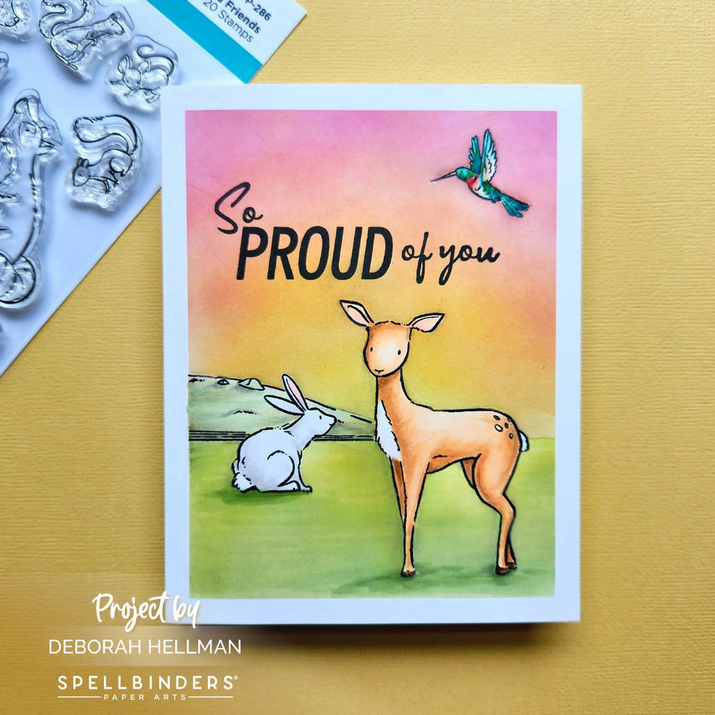 Spellbinders Wild Friends Clear Stamp Set stp-286 deer standing with rabbit  hummingbird so proud of you card