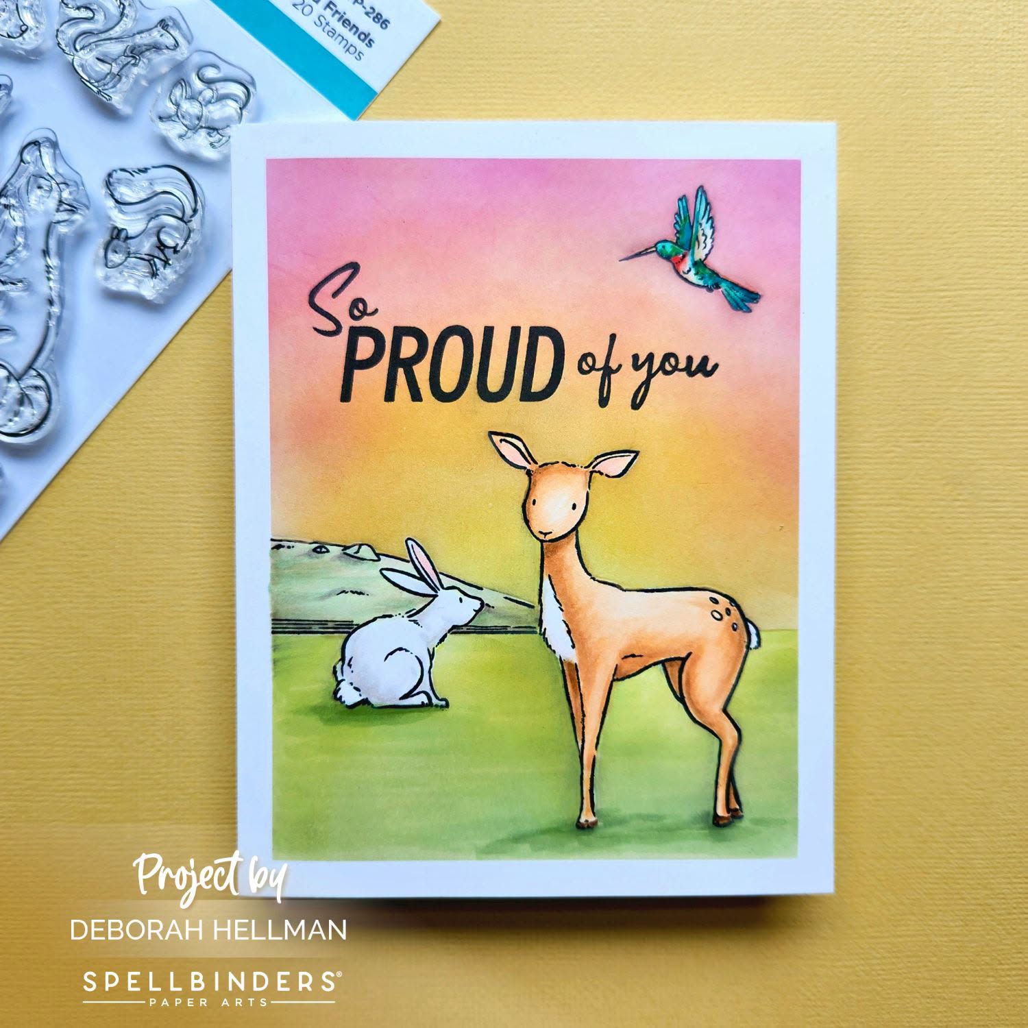 Spellbinders Wild Friends Clear Stamp Set stp-286 deer standing with rabbit  hummingbird so proud of you card