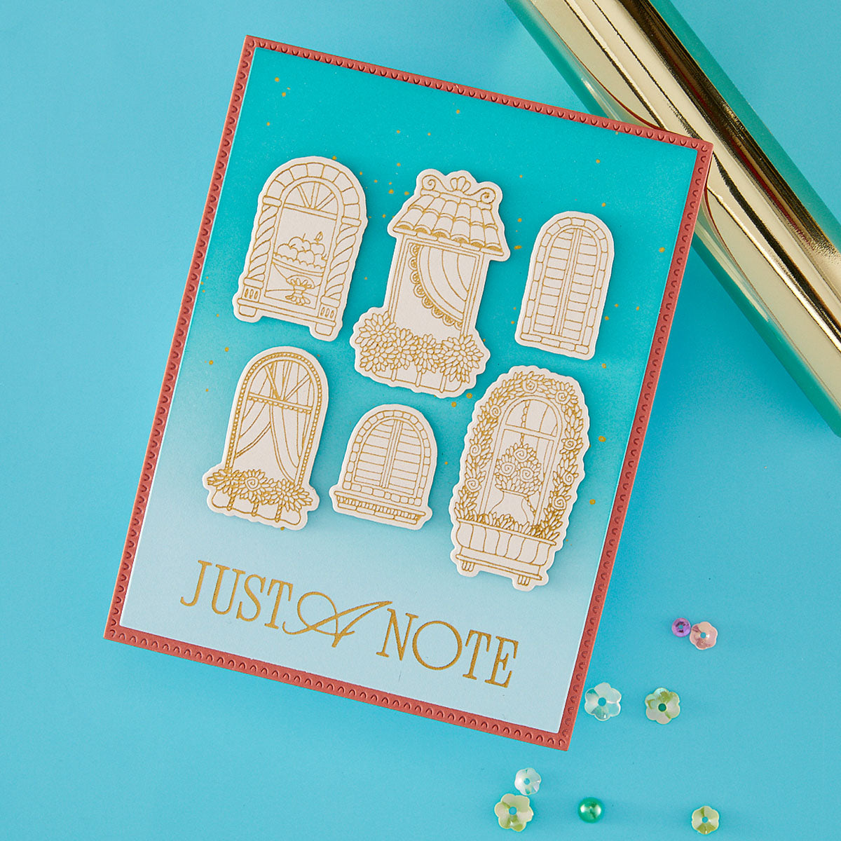Spellbinders Windows with a View Press and Foil Plate and Die Set bp-366 curtains bed plants flowers just a note card