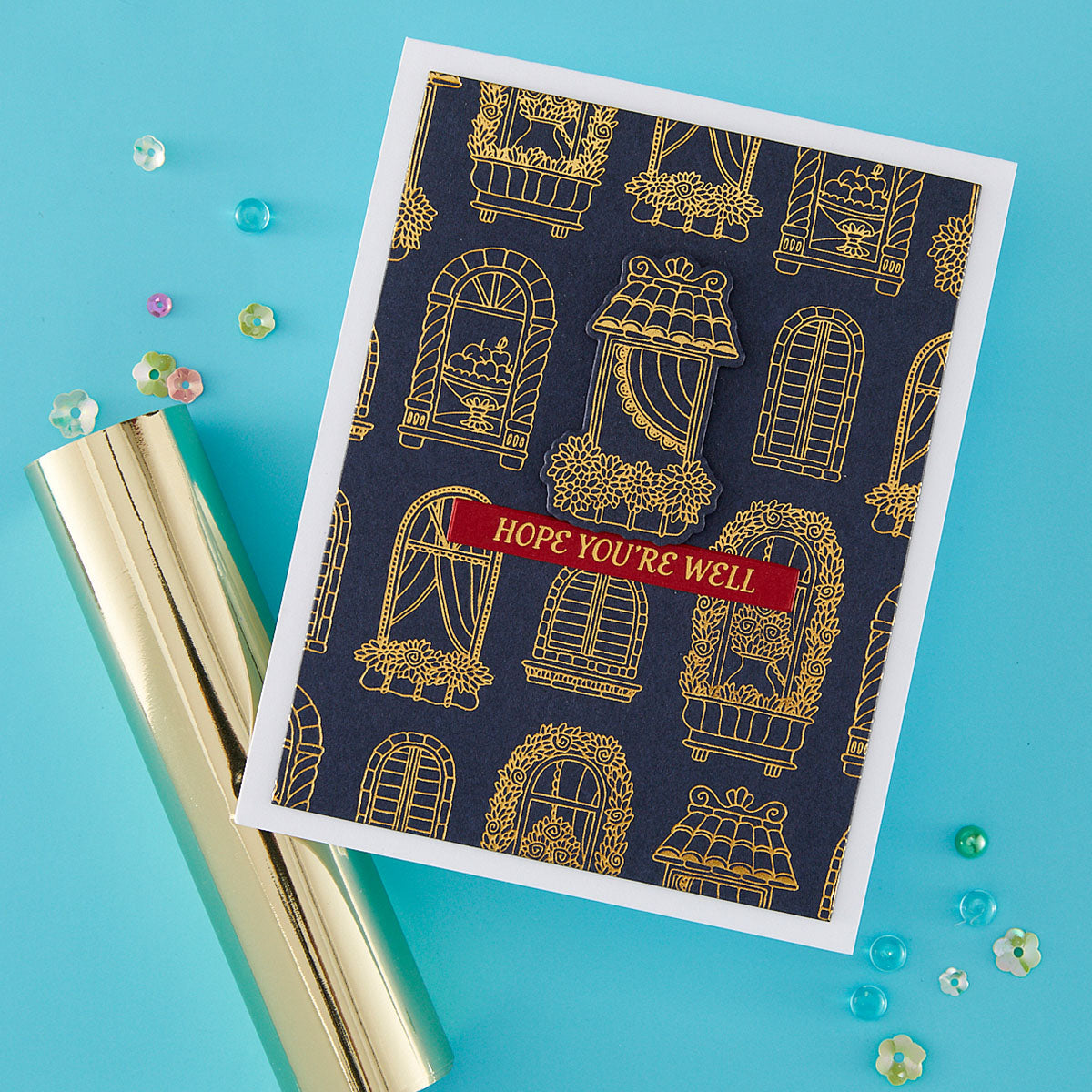 Spellbinders Windows with a View Press and Foil Plate and Die Set bp-366 gold window outlines hope you're well card