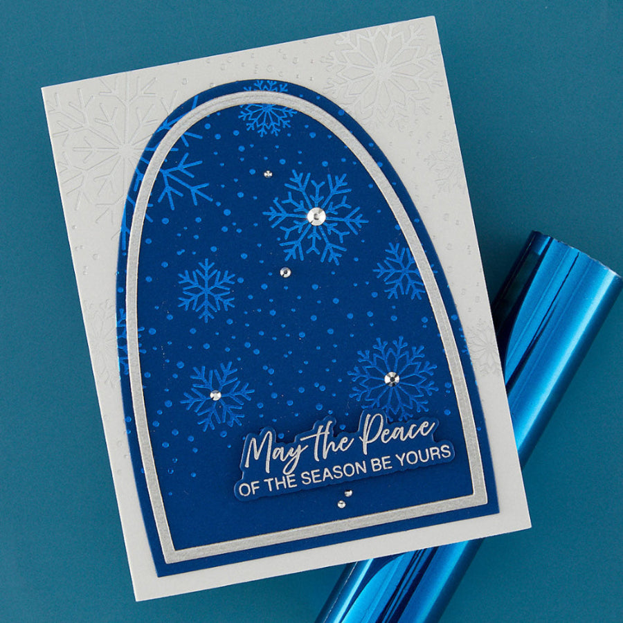 Spellbinders Winter Peace Press and Foil Plate and Die Set bp-378 blue and white snowflakes sequins blue arch card